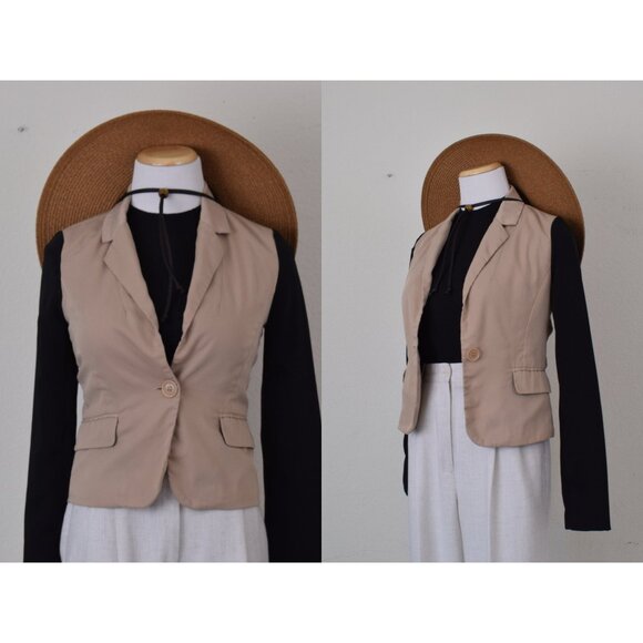 Vintage 90s Tan/Black Crop Poly/Spandex Jacket‎  size S - Picture 1 of 10